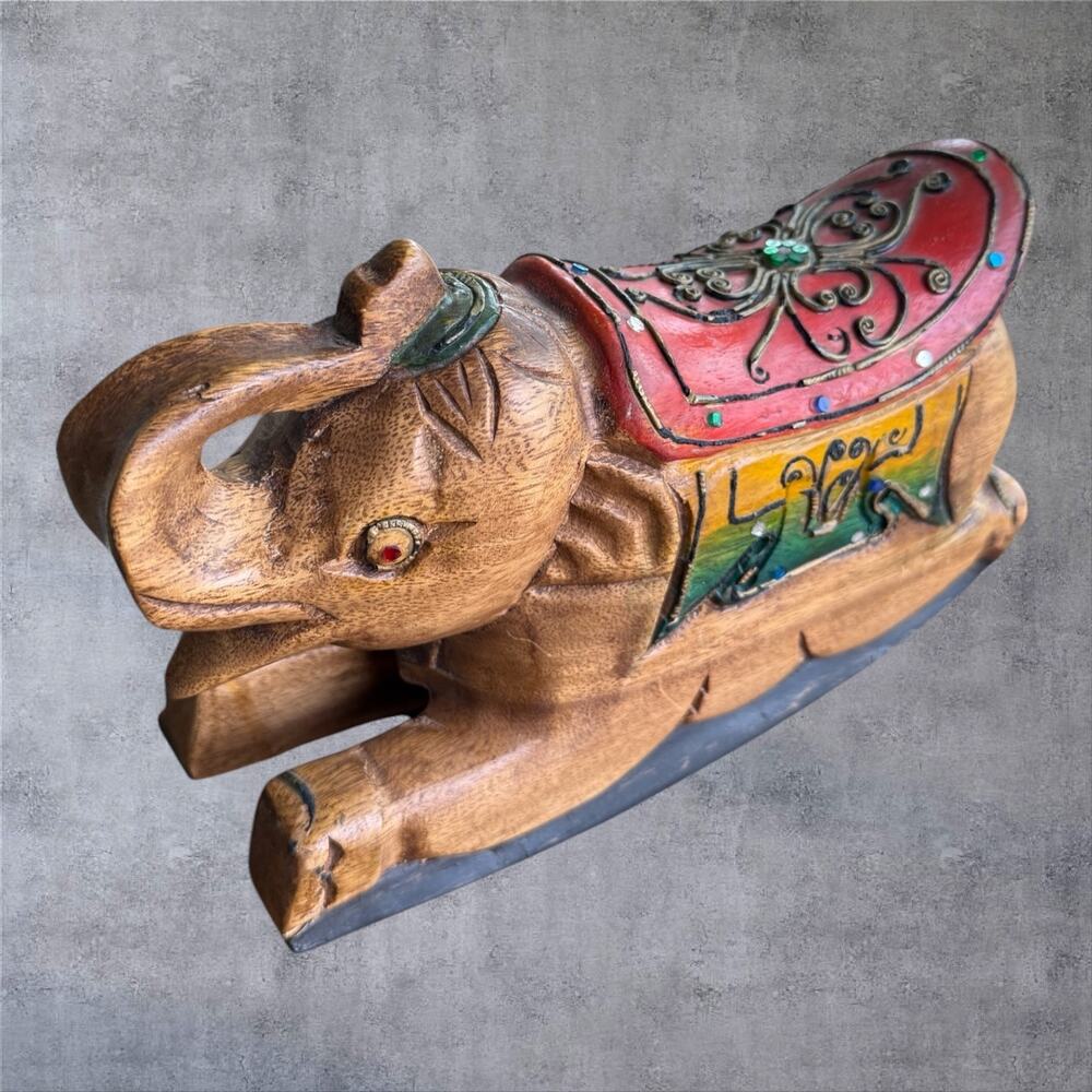 Vintage Hand Carved Wood Rocking Elephant Statue Decorated Folk Art 10 in